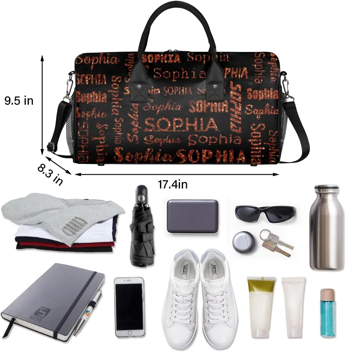 Personalized Travel Sports Bag for Women, Black Custom Gym Duffel Bags Birthday Gift with Dark Orange Glitter Name Cheer Dance Overnight Weekender Bag
