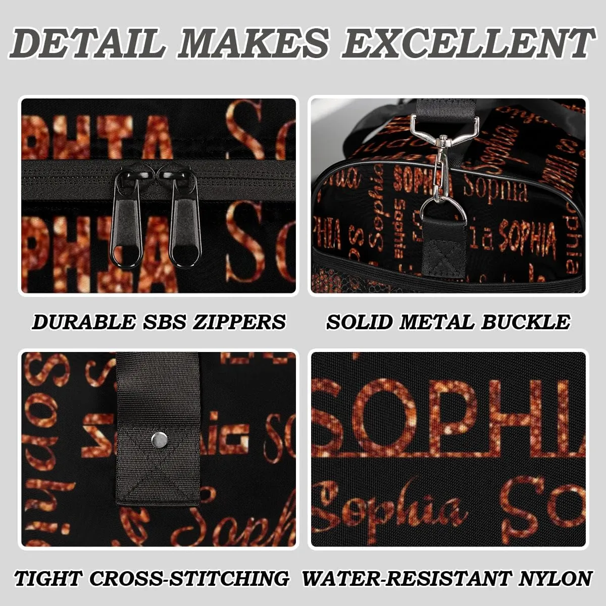 Personalized Travel Sports Bag for Women, Black Custom Gym Duffel Bags Birthday Gift with Dark Orange Glitter Name Cheer Dance Overnight Weekender Bag