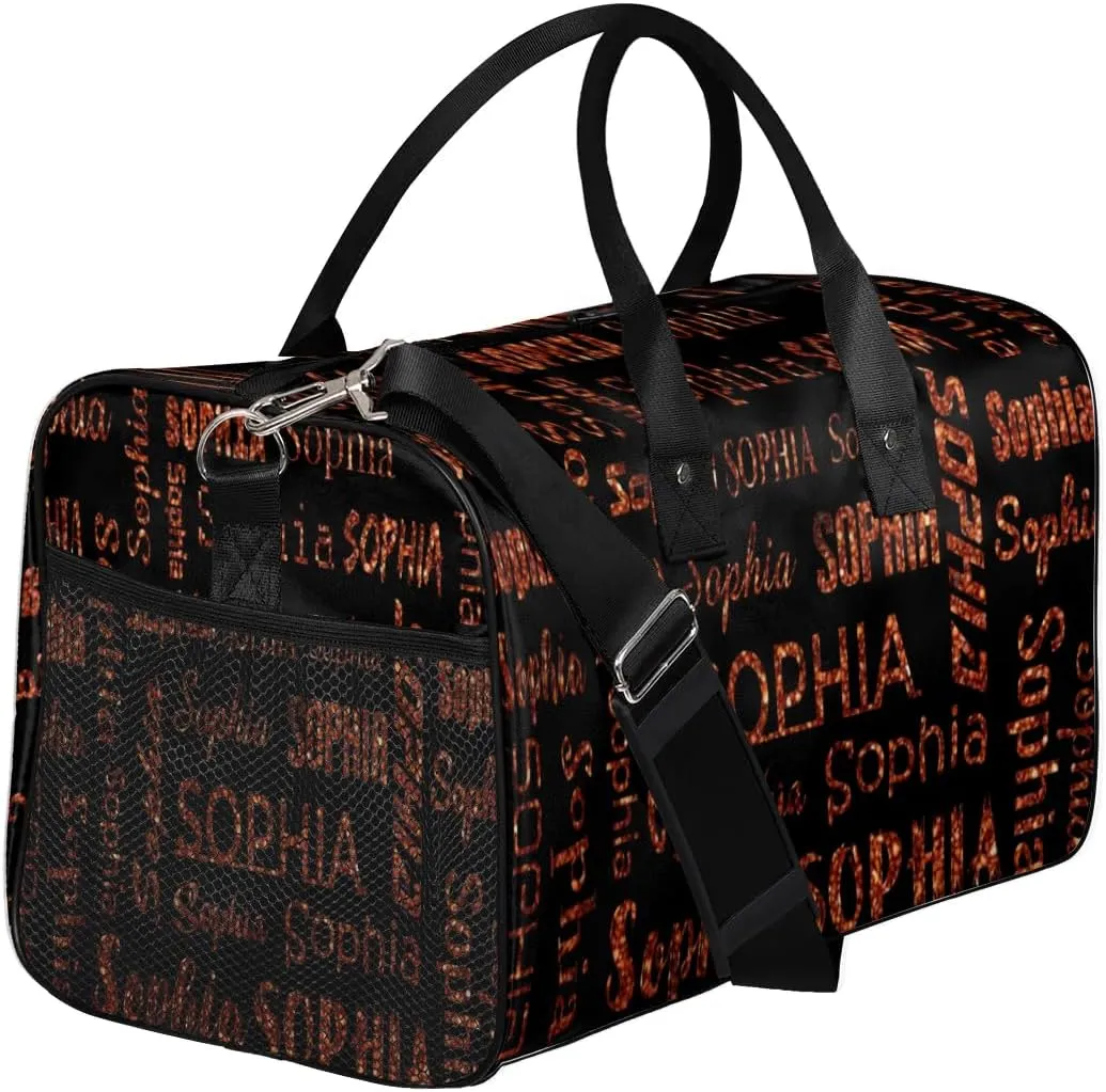 Personalized Travel Sports Bag for Women, Black Custom Gym Duffel Bags Birthday Gift with Dark Orange Glitter Name Cheer Dance Overnight Weekender Bag