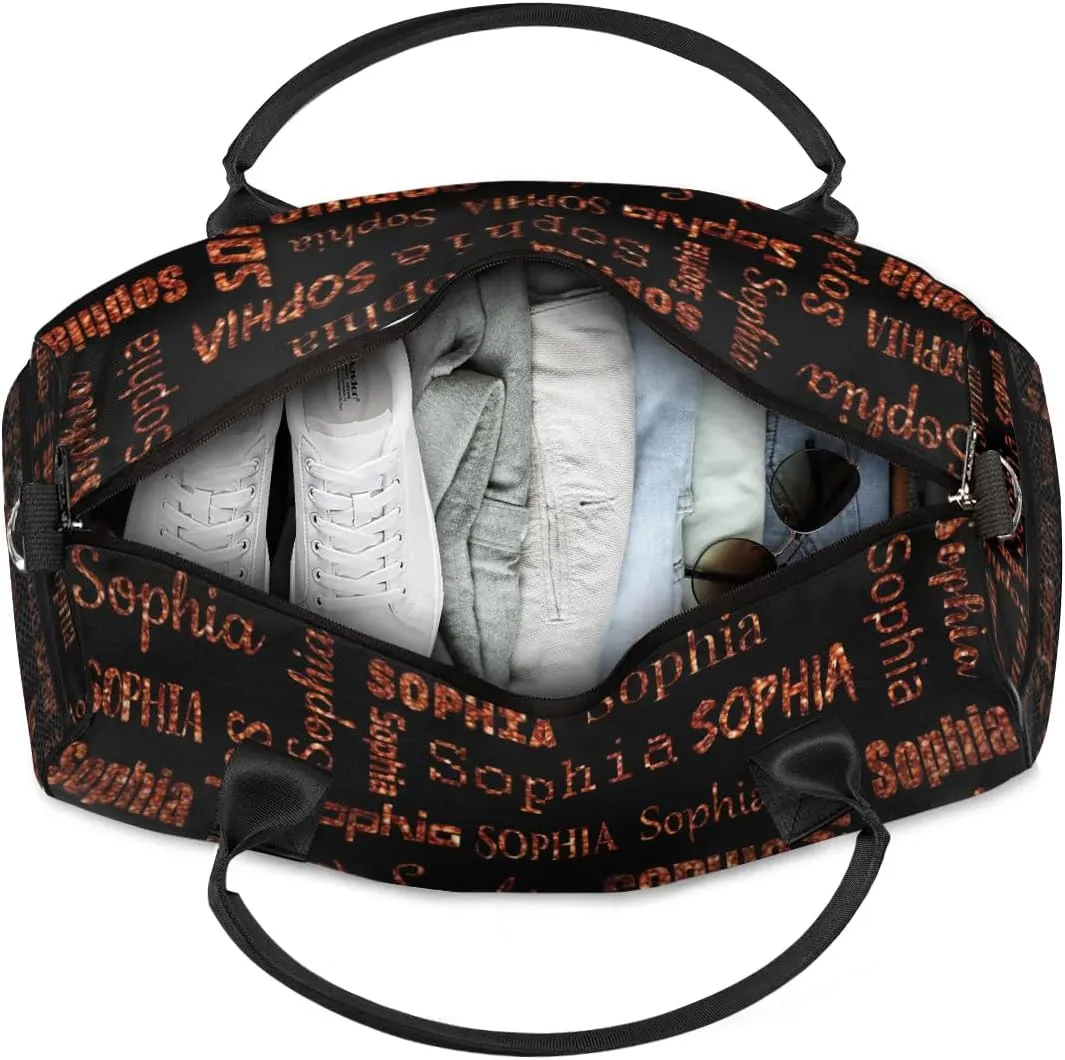 Personalized Travel Sports Bag for Women, Black Custom Gym Duffel Bags Birthday Gift with Dark Orange Glitter Name Cheer Dance Overnight Weekender Bag