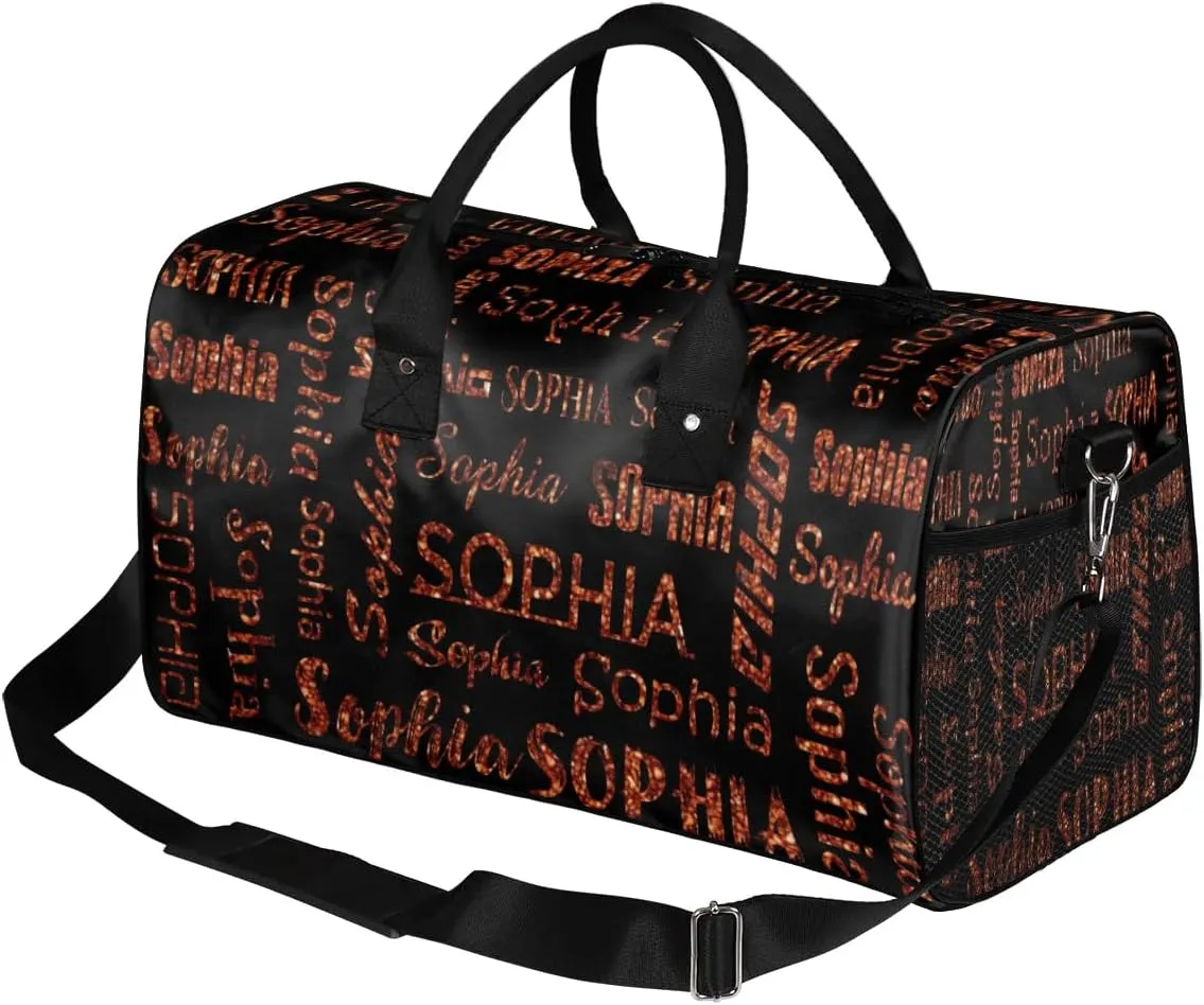 Personalized Travel Sports Bag for Women, Black Custom Gym Duffel Bags Birthday Gift with Dark Orange Glitter Name Cheer Dance Overnight Weekender Bag