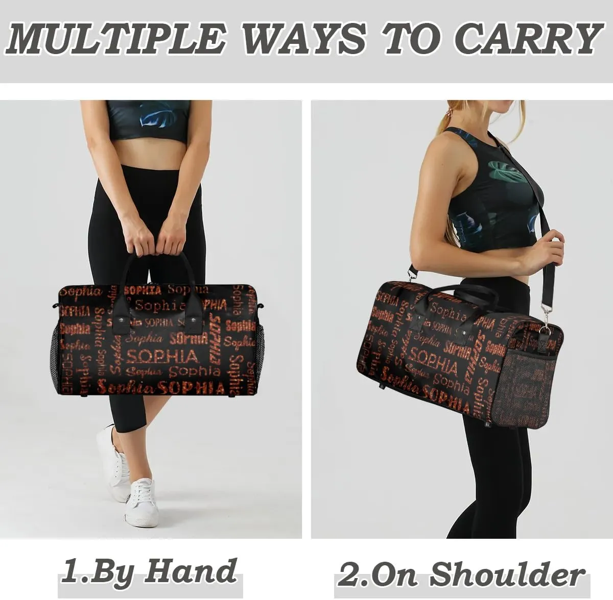 Personalized Travel Sports Bag for Women, Black Custom Gym Duffel Bags Birthday Gift with Dark Orange Glitter Name Cheer Dance Overnight Weekender Bag