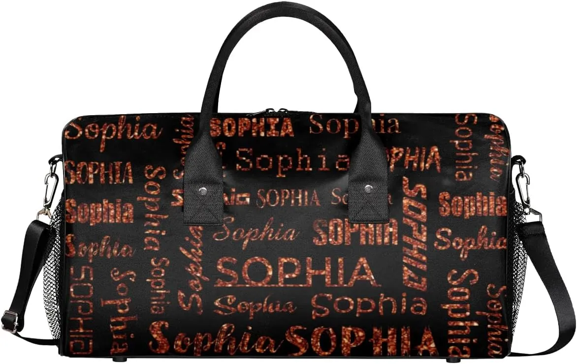 Personalized Travel Sports Bag for Women, Black Custom Gym Duffel Bags Birthday Gift with Dark Orange Glitter Name Cheer Dance Overnight Weekender Bag