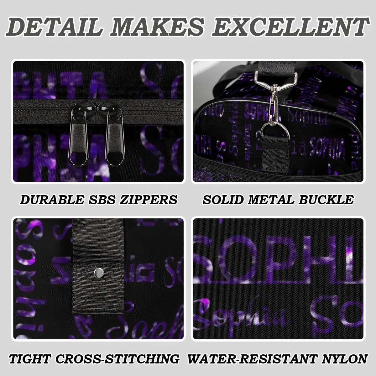Personalized Travel Sports Bag for Women, Black Custom Gym Duffel Bags Birthday Gift with Deep Purple Glitter Name Cheer Dance Overnight Weekender Bag