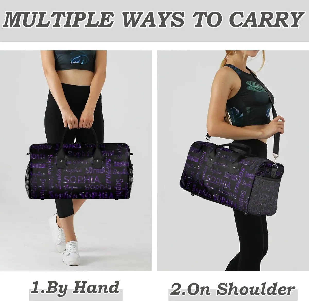 Personalized Travel Sports Bag for Women, Black Custom Gym Duffel Bags Birthday Gift with Deep Purple Glitter Name Cheer Dance Overnight Weekender Bag