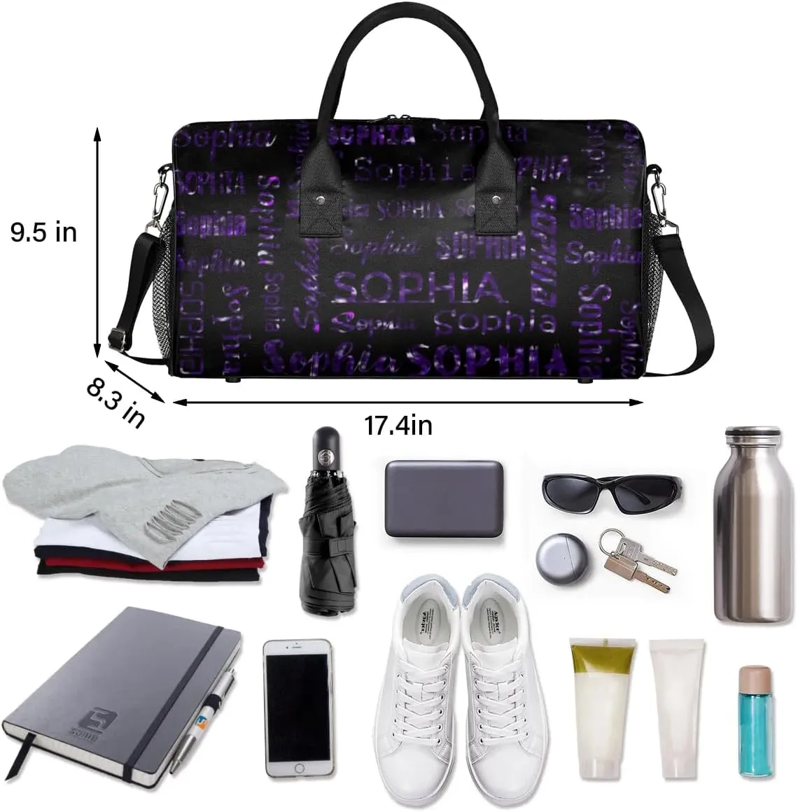 Personalized Travel Sports Bag for Women, Black Custom Gym Duffel Bags Birthday Gift with Deep Purple Glitter Name Cheer Dance Overnight Weekender Bag