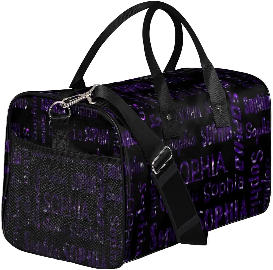 Personalized Travel Sports Bag for Women, Black Custom Gym Duffel Bags Birthday Gift with Deep Purple Glitter Name Cheer Dance Overnight Weekender Bag
