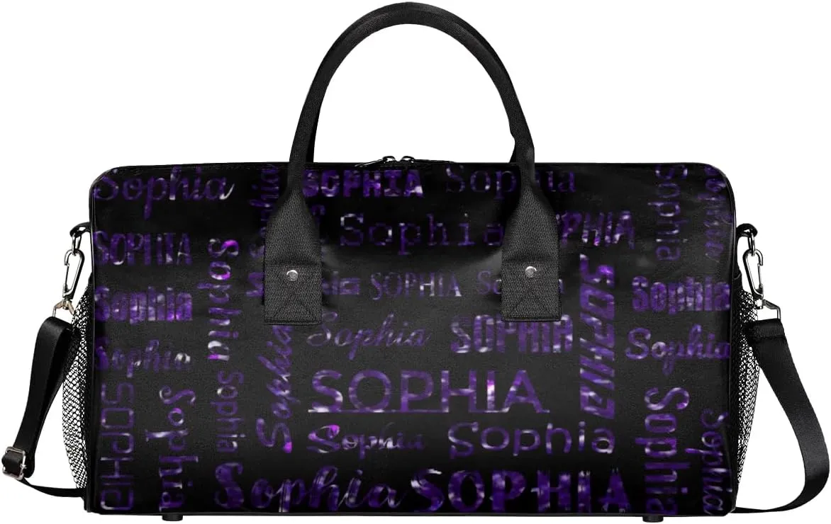 Personalized Travel Sports Bag for Women, Black Custom Gym Duffel Bags Birthday Gift with Deep Purple Glitter Name Cheer Dance Overnight Weekender Bag
