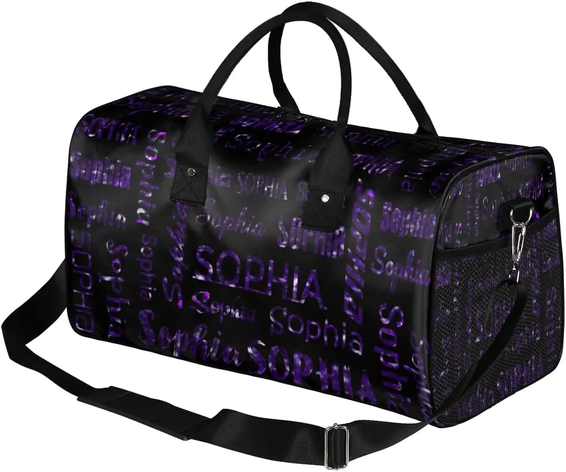 Personalized Travel Sports Bag for Women, Black Custom Gym Duffel Bags Birthday Gift with Deep Purple Glitter Name Cheer Dance Overnight Weekender Bag