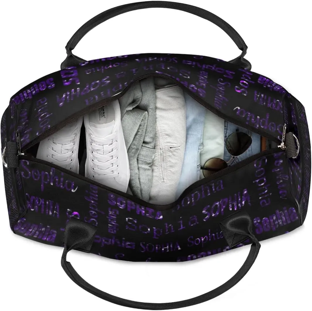 Personalized Travel Sports Bag for Women, Black Custom Gym Duffel Bags Birthday Gift with Deep Purple Glitter Name Cheer Dance Overnight Weekender Bag