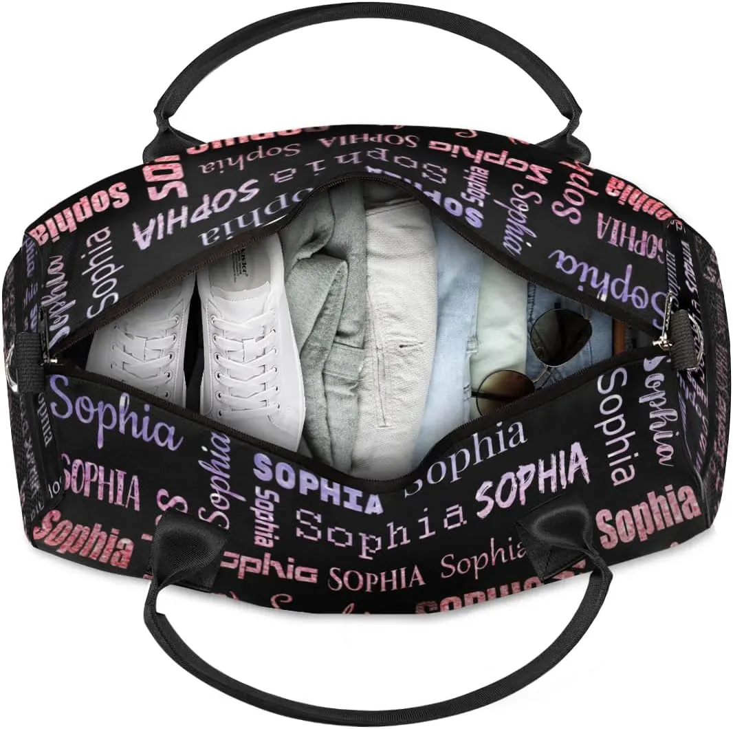 Personalized Travel Sports Bag for Women, Black Custom Gym Duffel Bags Birthday Gift with Glitter Theme Name Cheer Dance Overnight Weekender Bag