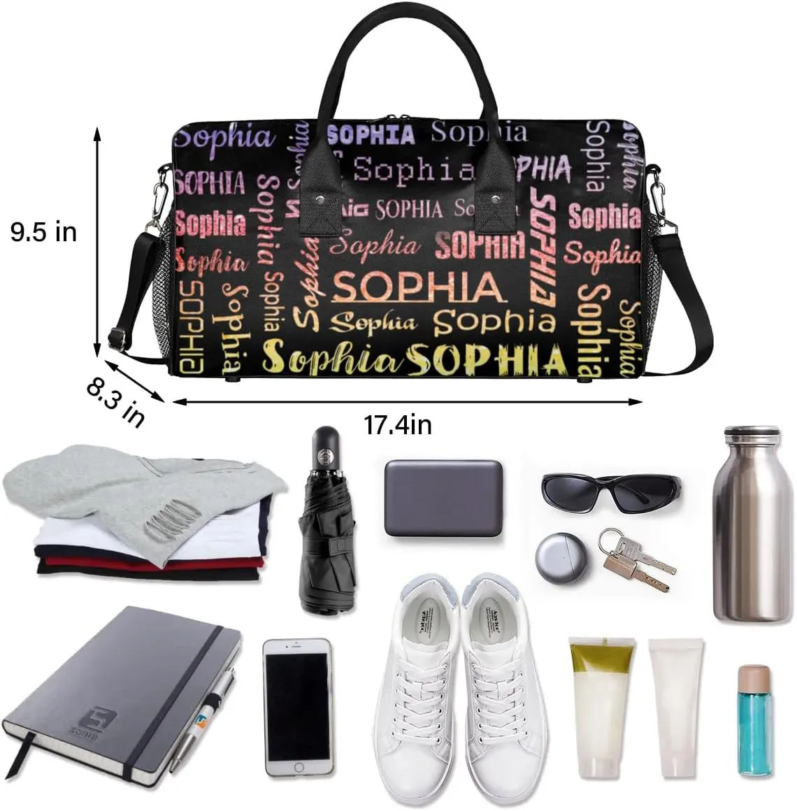 Personalized Travel Sports Bag for Women, Black Custom Gym Duffel Bags Birthday Gift with Glitter Theme Name Cheer Dance Overnight Weekender Bag