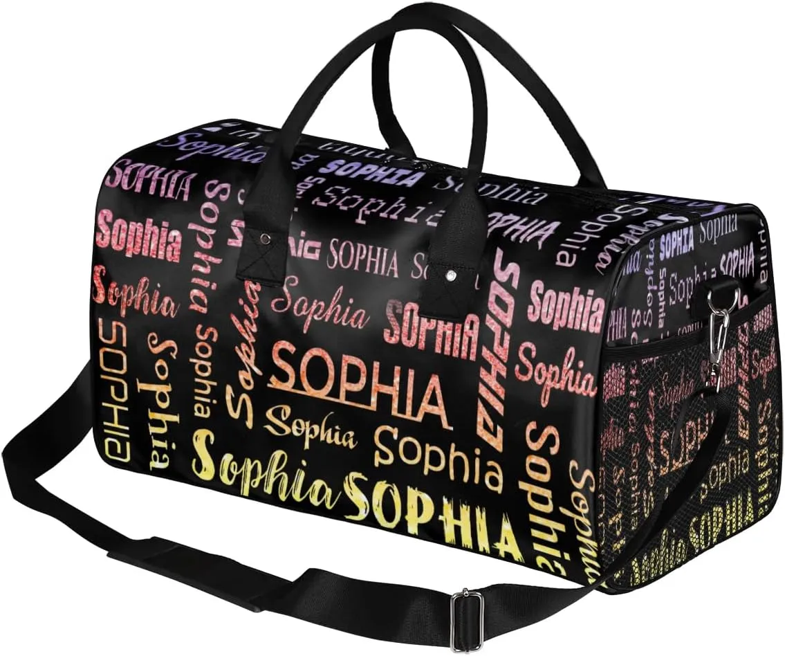 Personalized Travel Sports Bag for Women, Black Custom Gym Duffel Bags Birthday Gift with Glitter Theme Name Cheer Dance Overnight Weekender Bag
