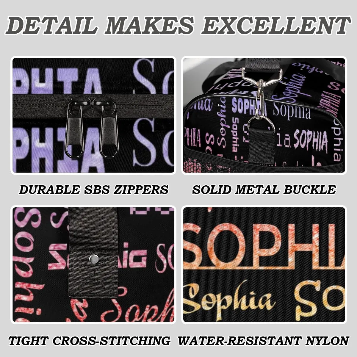 Personalized Travel Sports Bag for Women, Black Custom Gym Duffel Bags Birthday Gift with Glitter Theme Name Cheer Dance Overnight Weekender Bag