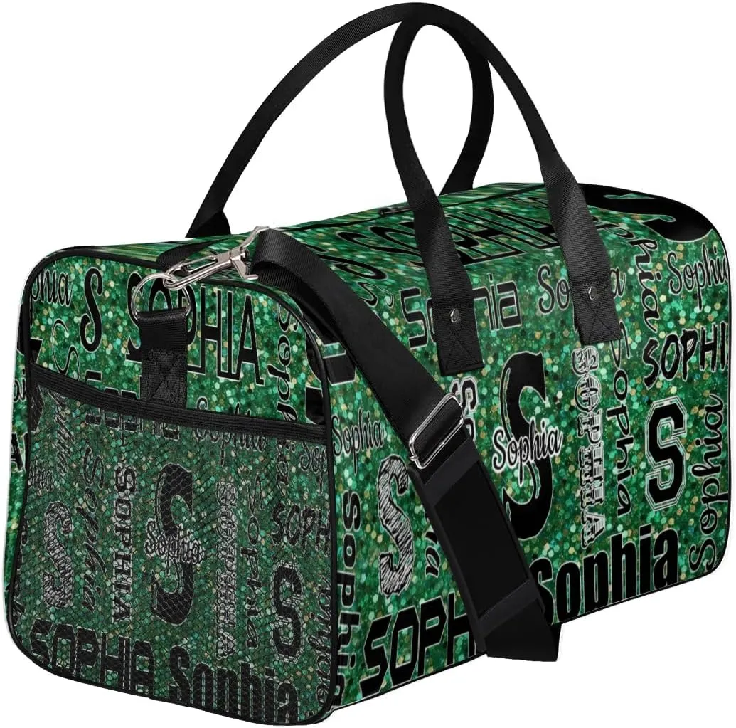 Personalized Travel Sports Bag with Initial for Women, Custom Gym Duffel Bags Birthday Gift with Your Name Cheer Dance Overnight Weekender Bag Grass Green Glitter