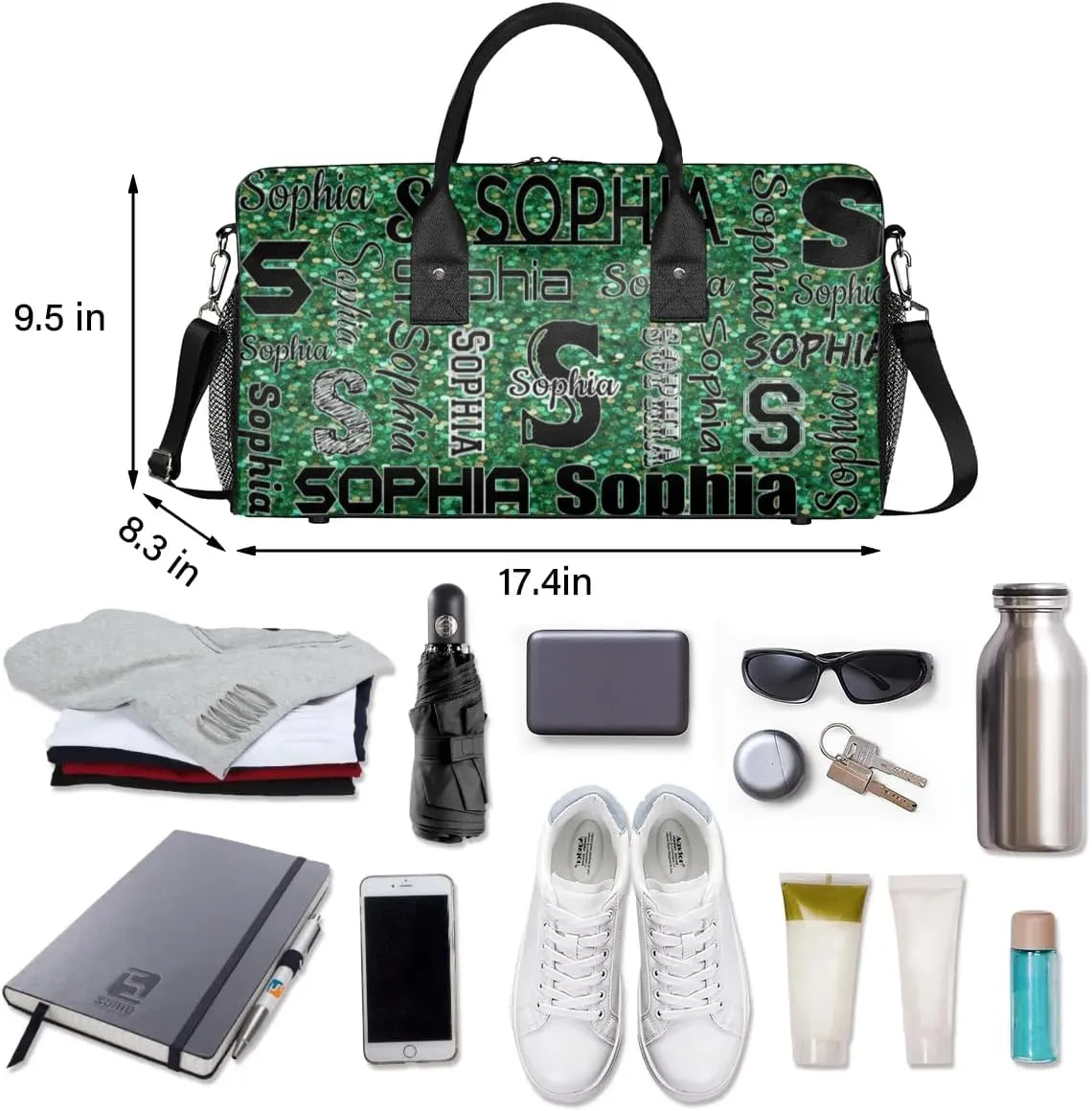 Personalized Travel Sports Bag with Initial for Women, Custom Gym Duffel Bags Birthday Gift with Your Name Cheer Dance Overnight Weekender Bag Grass Green Glitter