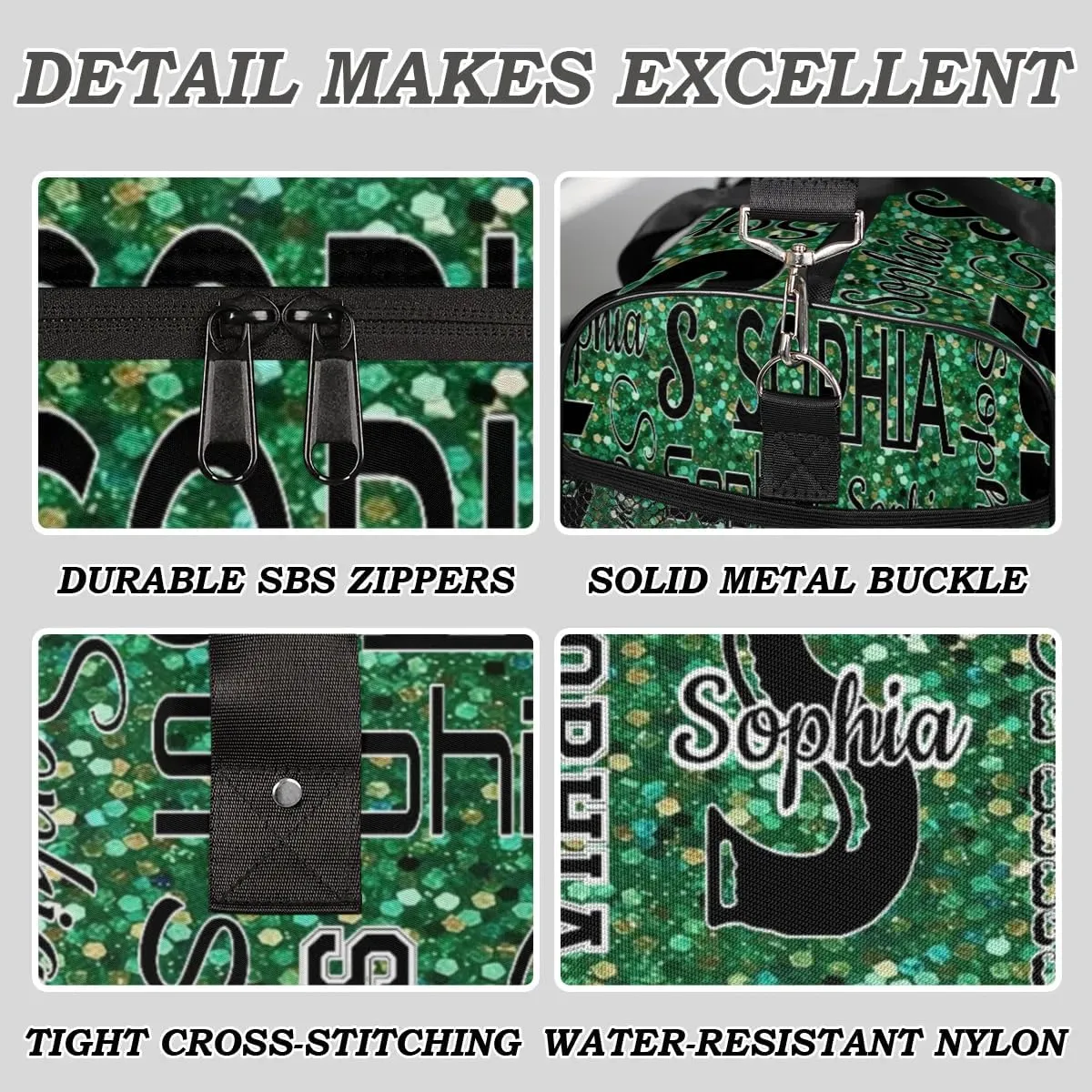 Personalized Travel Sports Bag with Initial for Women, Custom Gym Duffel Bags Birthday Gift with Your Name Cheer Dance Overnight Weekender Bag Grass Green Glitter