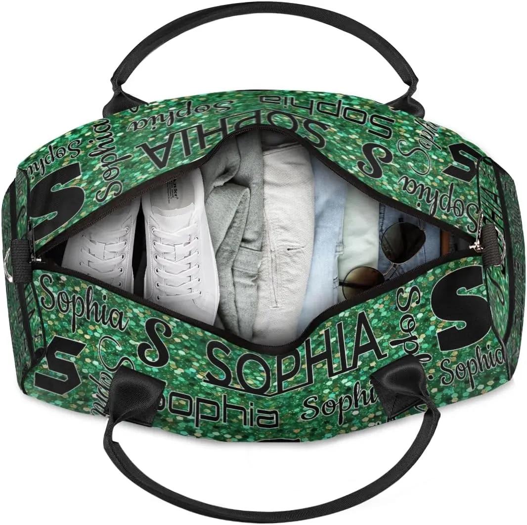 Personalized Travel Sports Bag with Initial for Women, Custom Gym Duffel Bags Birthday Gift with Your Name Cheer Dance Overnight Weekender Bag Grass Green Glitter