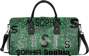 Personalized Travel Sports Bag with Initial for Women, Custom Gym Duffel Bags Birthday Gift with Your Name Cheer Dance Overnight Weekender Bag Grass Green Glitter