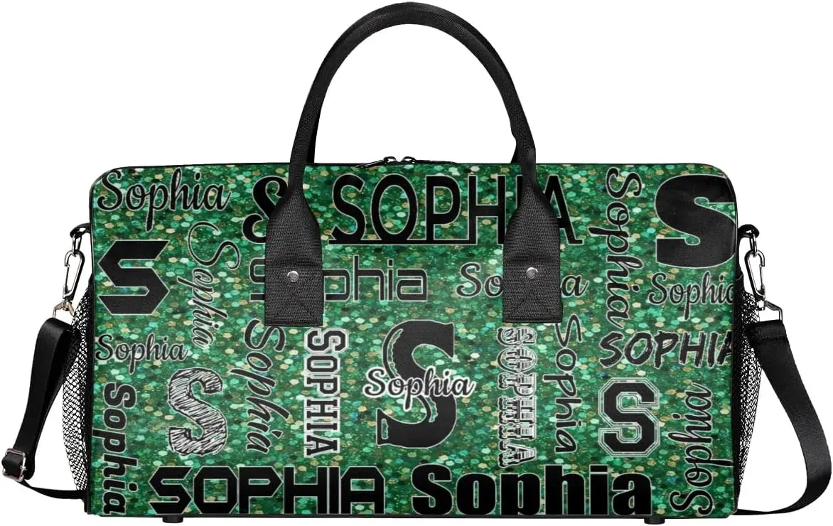 Personalized Travel Sports Bag with Initial for Women, Custom Gym Duffel Bags Birthday Gift with Your Name Cheer Dance Overnight Weekender Bag Grass Green Glitter