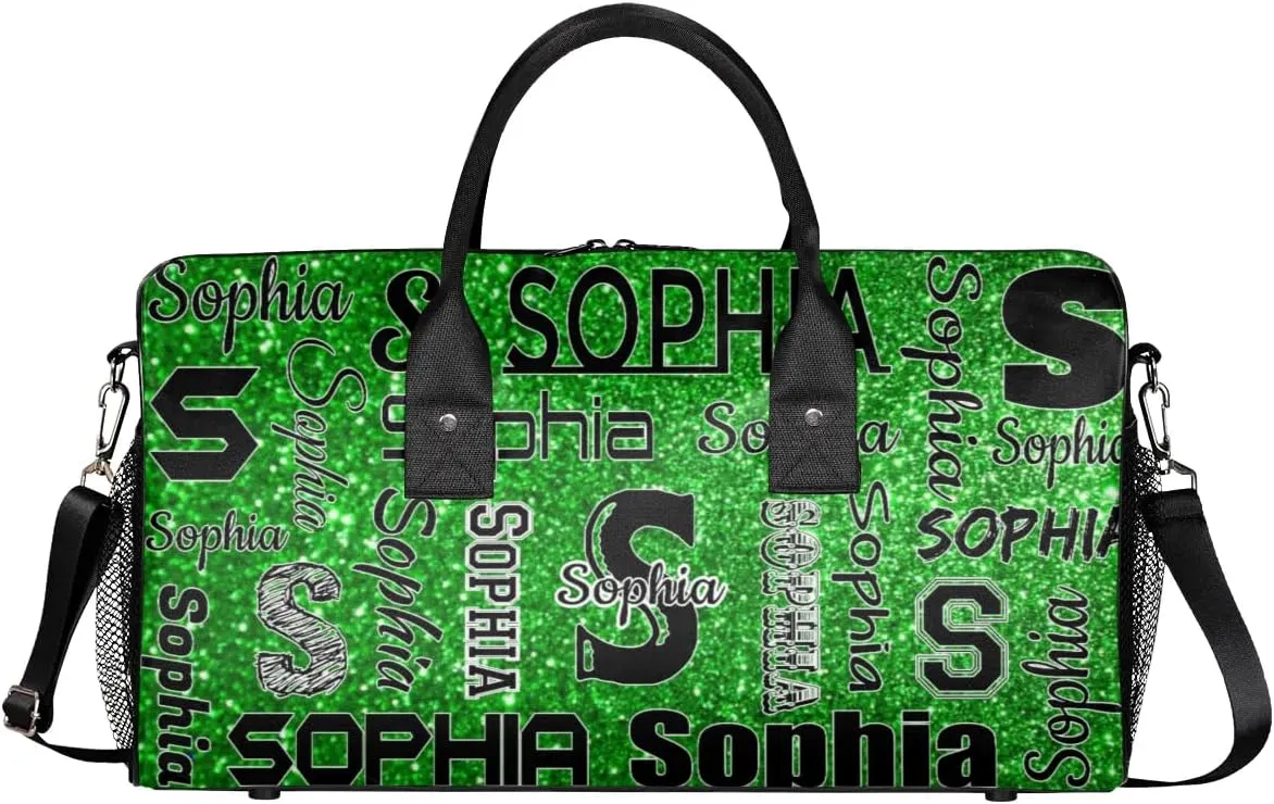Personalized Travel Sports Bag with Initial for Women, Custom Gym Duffel Bags Birthday Gift with Your Name Cheer Dance Overnight Weekender Bag Green Glitter