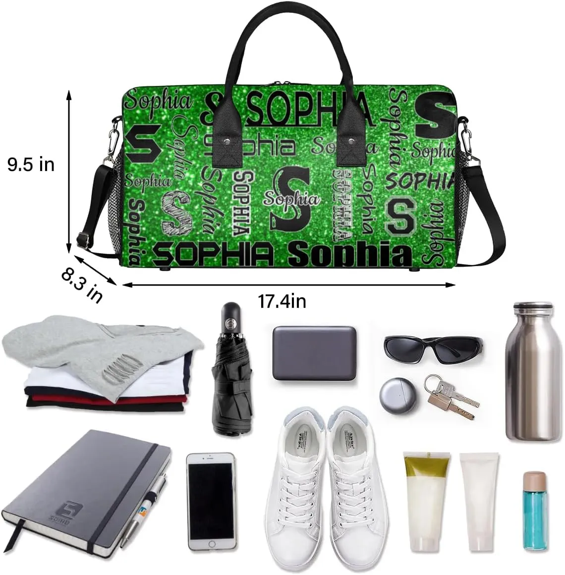 Personalized Travel Sports Bag with Initial for Women, Custom Gym Duffel Bags Birthday Gift with Your Name Cheer Dance Overnight Weekender Bag Green Glitter