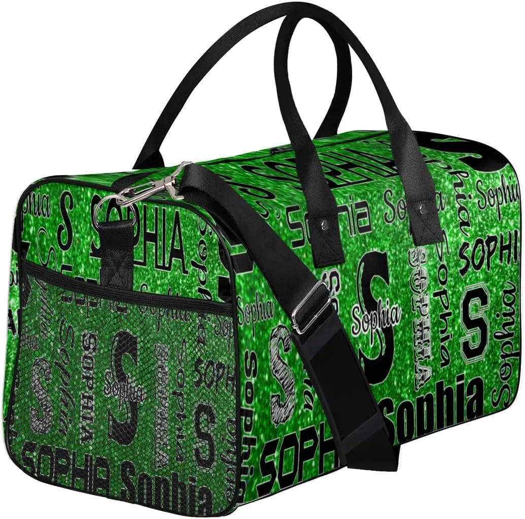 Personalized Travel Sports Bag with Initial for Women, Custom Gym Duffel Bags Birthday Gift with Your Name Cheer Dance Overnight Weekender Bag Green Glitter