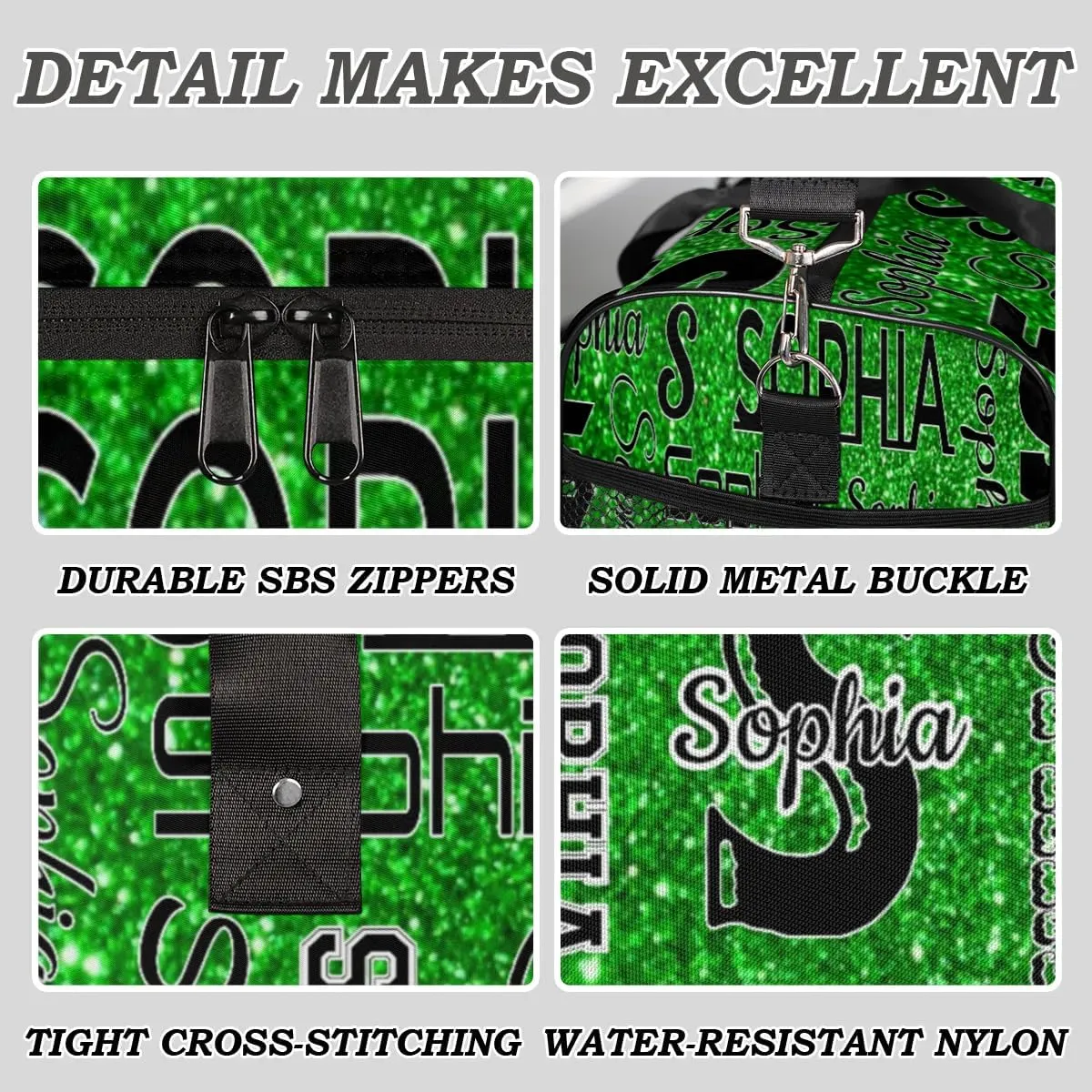 Personalized Travel Sports Bag with Initial for Women, Custom Gym Duffel Bags Birthday Gift with Your Name Cheer Dance Overnight Weekender Bag Green Glitter