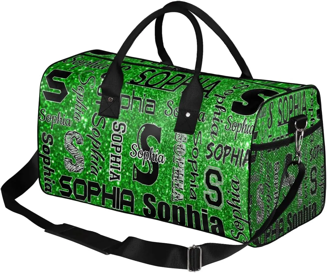 Personalized Travel Sports Bag with Initial for Women, Custom Gym Duffel Bags Birthday Gift with Your Name Cheer Dance Overnight Weekender Bag Green Glitter