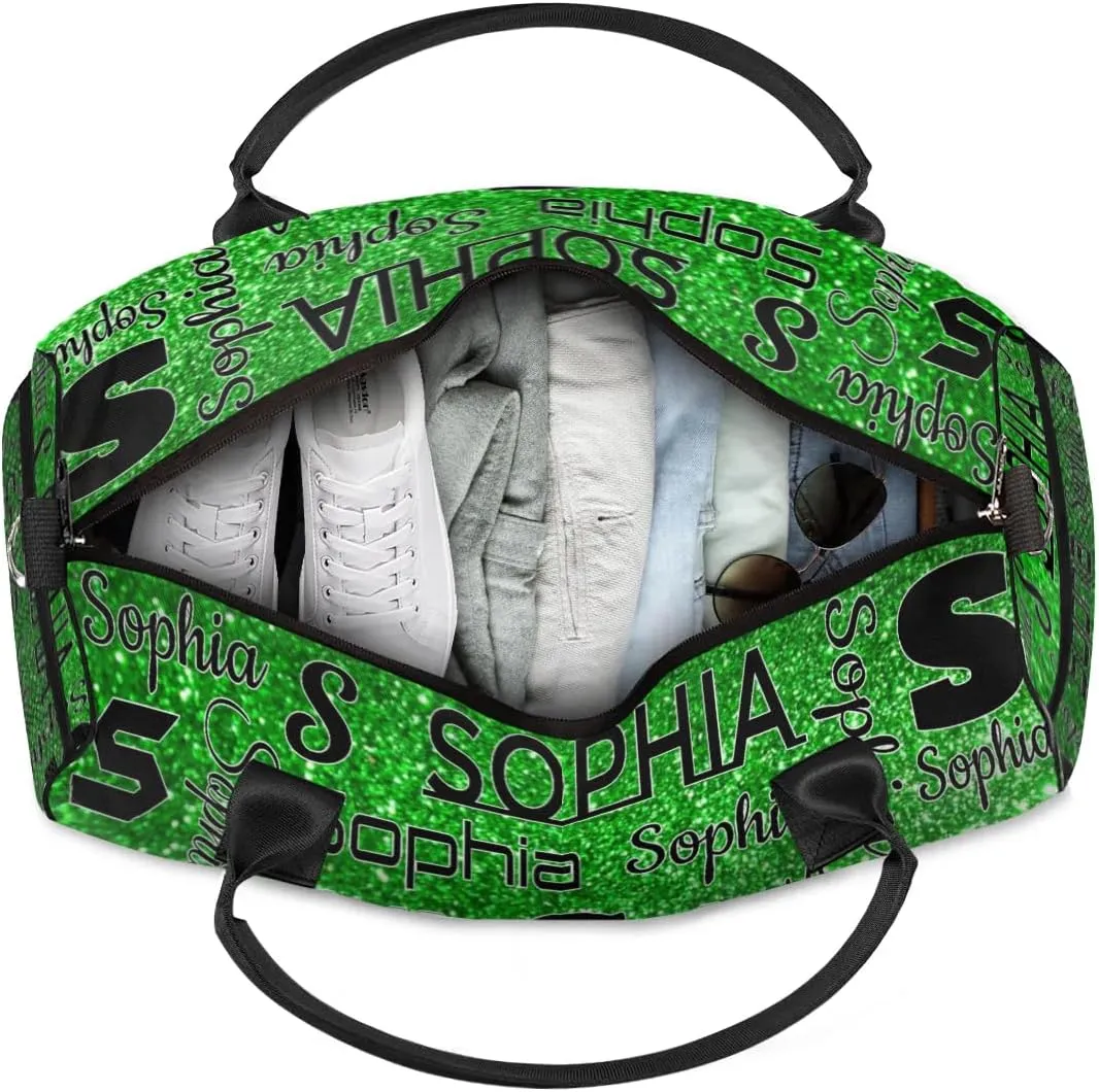 Personalized Travel Sports Bag with Initial for Women, Custom Gym Duffel Bags Birthday Gift with Your Name Cheer Dance Overnight Weekender Bag Green Glitter