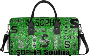 Personalized Travel Sports Bag with Initial for Women, Custom Gym Duffel Bags Birthday Gift with Your Name Cheer Dance Overnight Weekender Bag Green Glitter