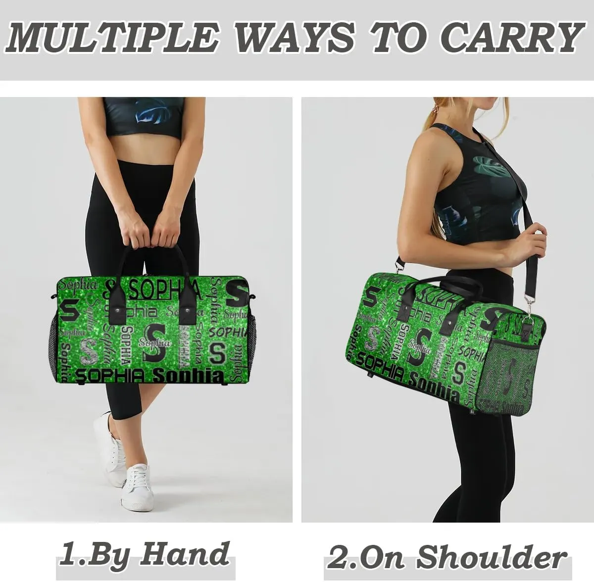 Personalized Travel Sports Bag with Initial for Women, Custom Gym Duffel Bags Birthday Gift with Your Name Cheer Dance Overnight Weekender Bag Green Glitter