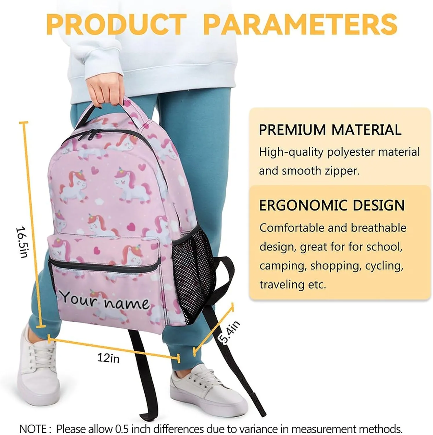 Personalized Unicorn Backpacks for Girls Boys, 16 Inch Cute Backpack for School, Pink, Large Capacity, Durable, Lightweight Bookbag for Kids Travel