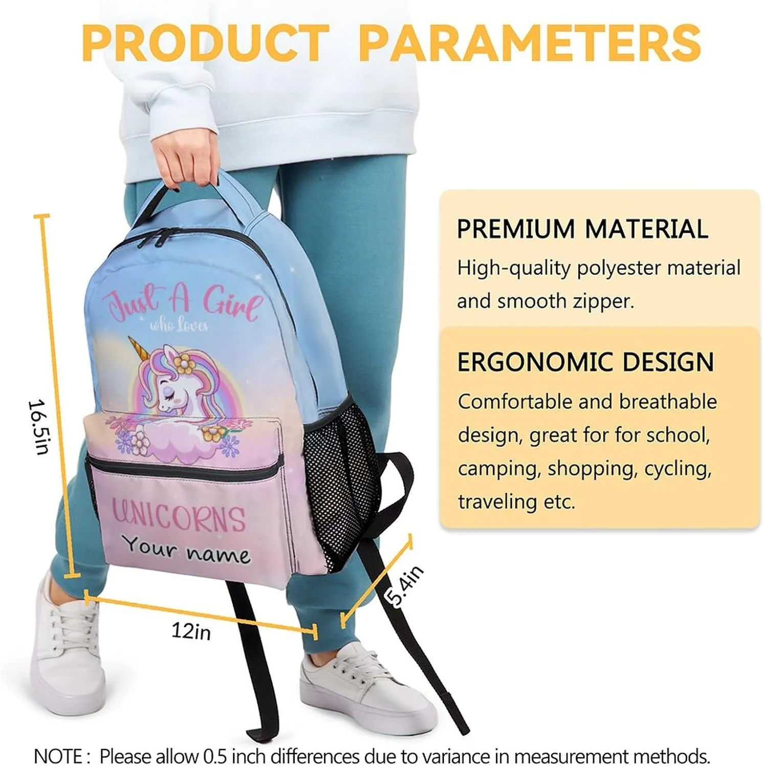 Personalized Unicorn Backpacks for Girls Boys, 16 Inch Cute Backpack for School, Pink, Large Capacity, Durable, Lightweight Bookbag for Kids Travel