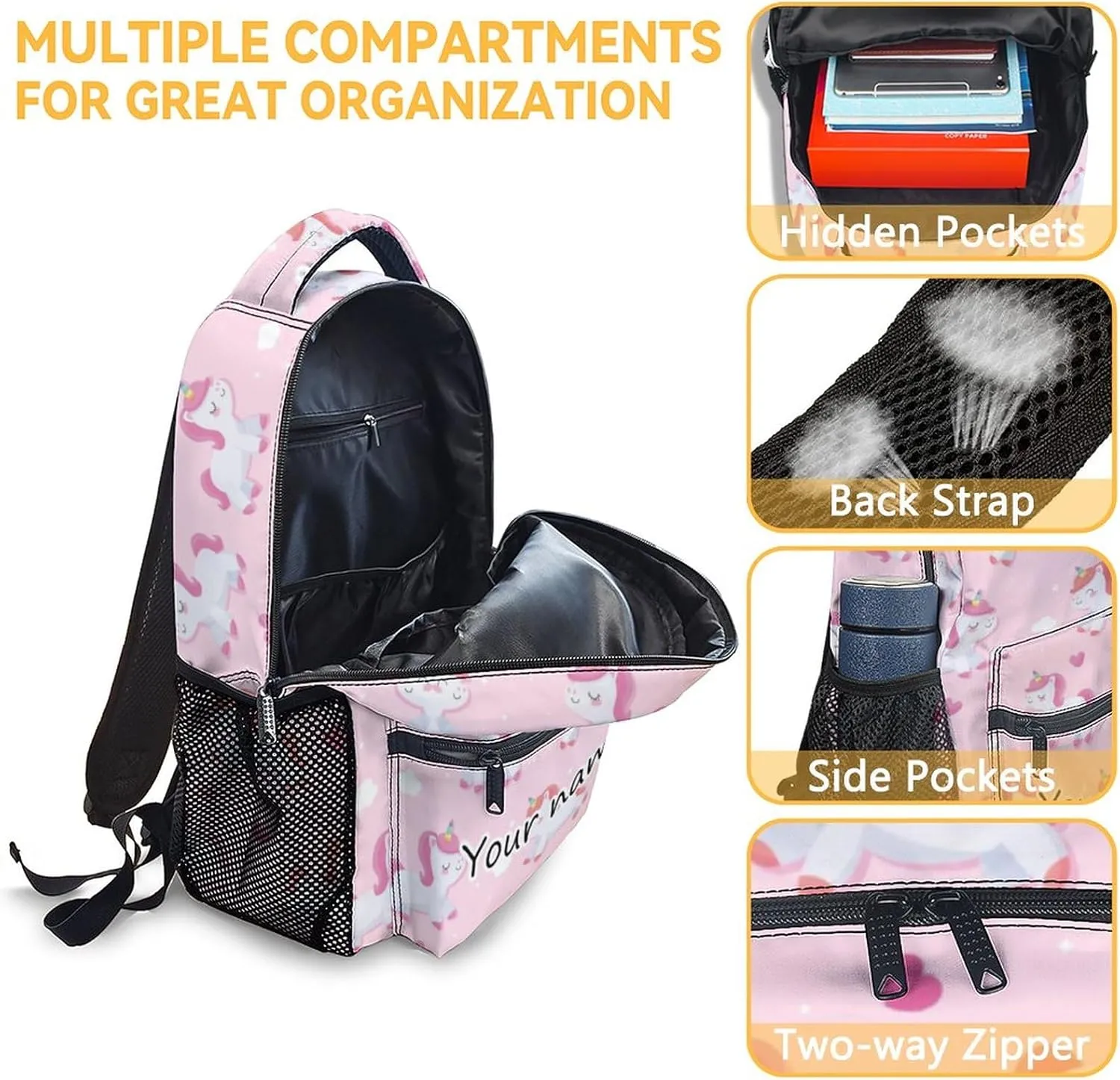 Personalized Unicorn Backpacks for Girls Boys, 16 Inch Cute Backpack for School, Pink, Large Capacity, Durable, Lightweight Bookbag for Kids Travel