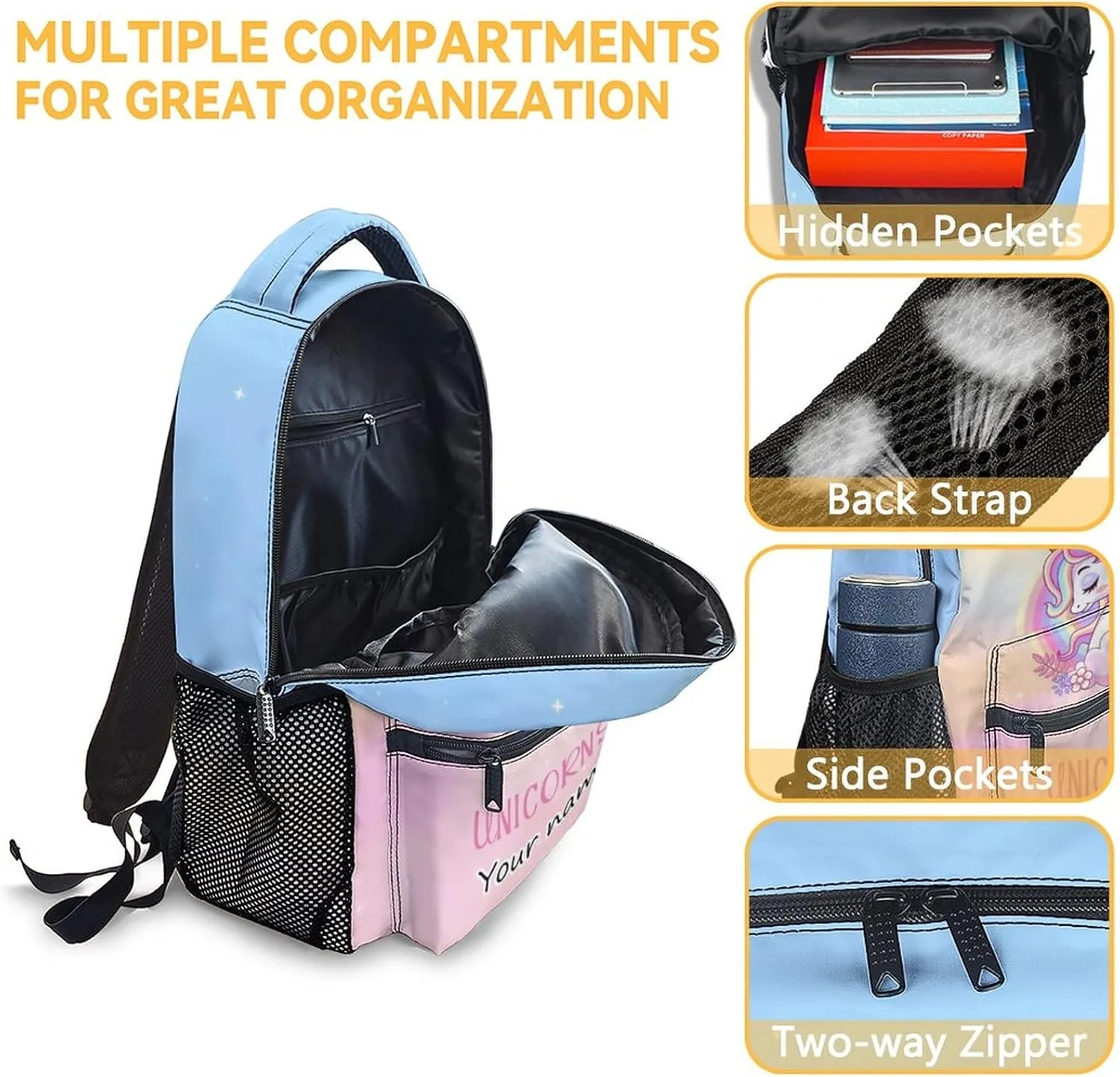 Personalized Unicorn Backpacks for Girls Boys, 16 Inch Cute Backpack for School, Pink, Large Capacity, Durable, Lightweight Bookbag for Kids Travel