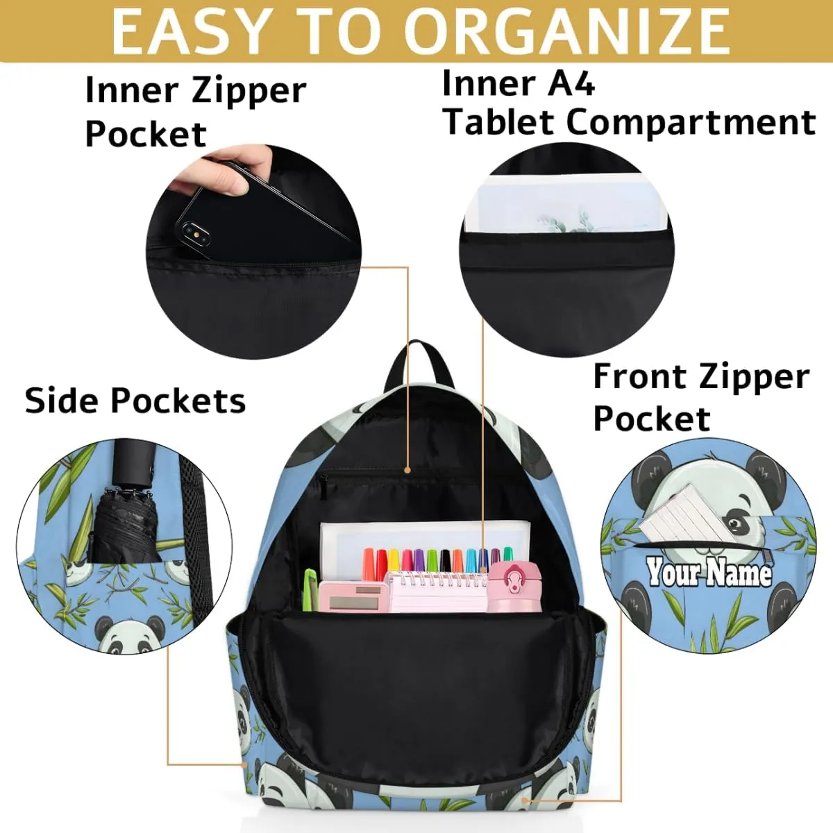 Personalized Wild Animal Print Preschool Toddler Backpack for Boys Girls Custom Kids Name Small Bookbags Kindergarten Elementary Backpack, Pandas