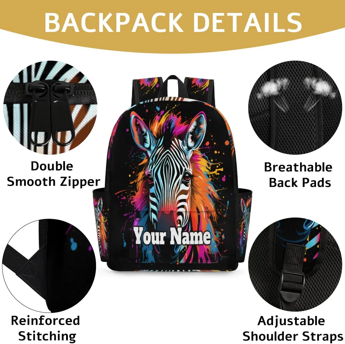Personalized Zebra Print Preschool Toddler Backpack for Boys Girls Custom Kids Name Small Bookbags Kindergarten Elementary Backpack, Colorful Animal