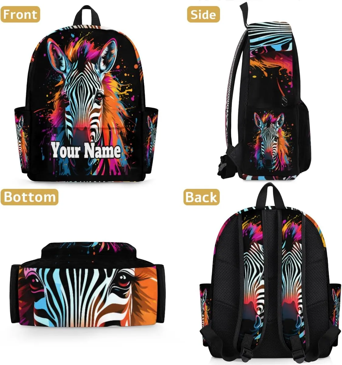 Personalized Zebra Print Preschool Toddler Backpack for Boys Girls Custom Kids Name Small Bookbags Kindergarten Elementary Backpack, Colorful Animal