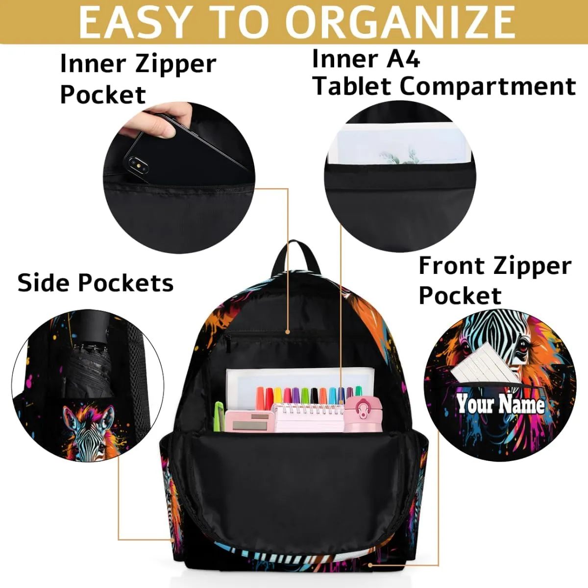 Personalized Zebra Print Preschool Toddler Backpack for Boys Girls Custom Kids Name Small Bookbags Kindergarten Elementary Backpack, Colorful Animal