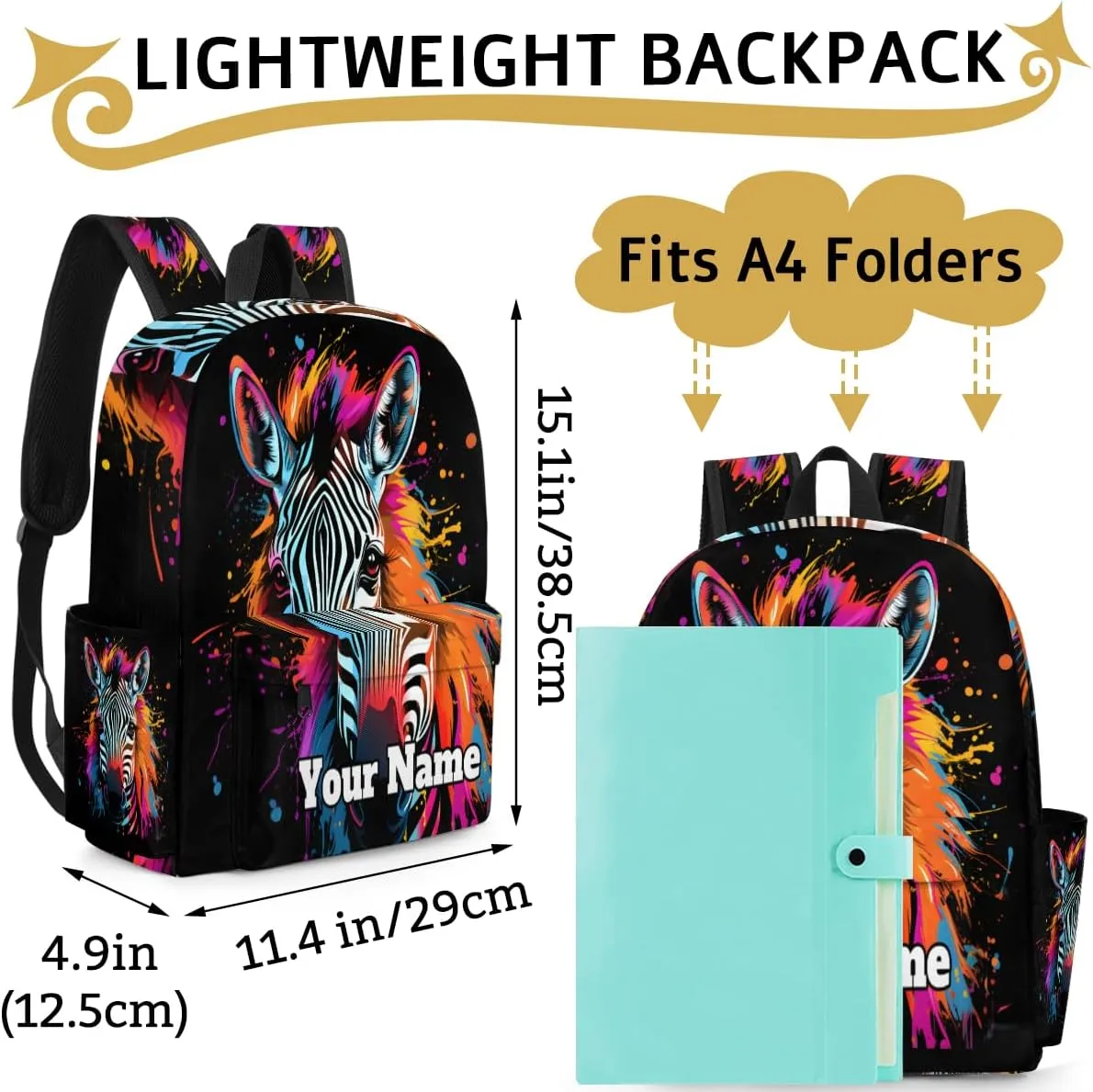 Personalized Zebra Print Preschool Toddler Backpack for Boys Girls Custom Kids Name Small Bookbags Kindergarten Elementary Backpack, Colorful Animal