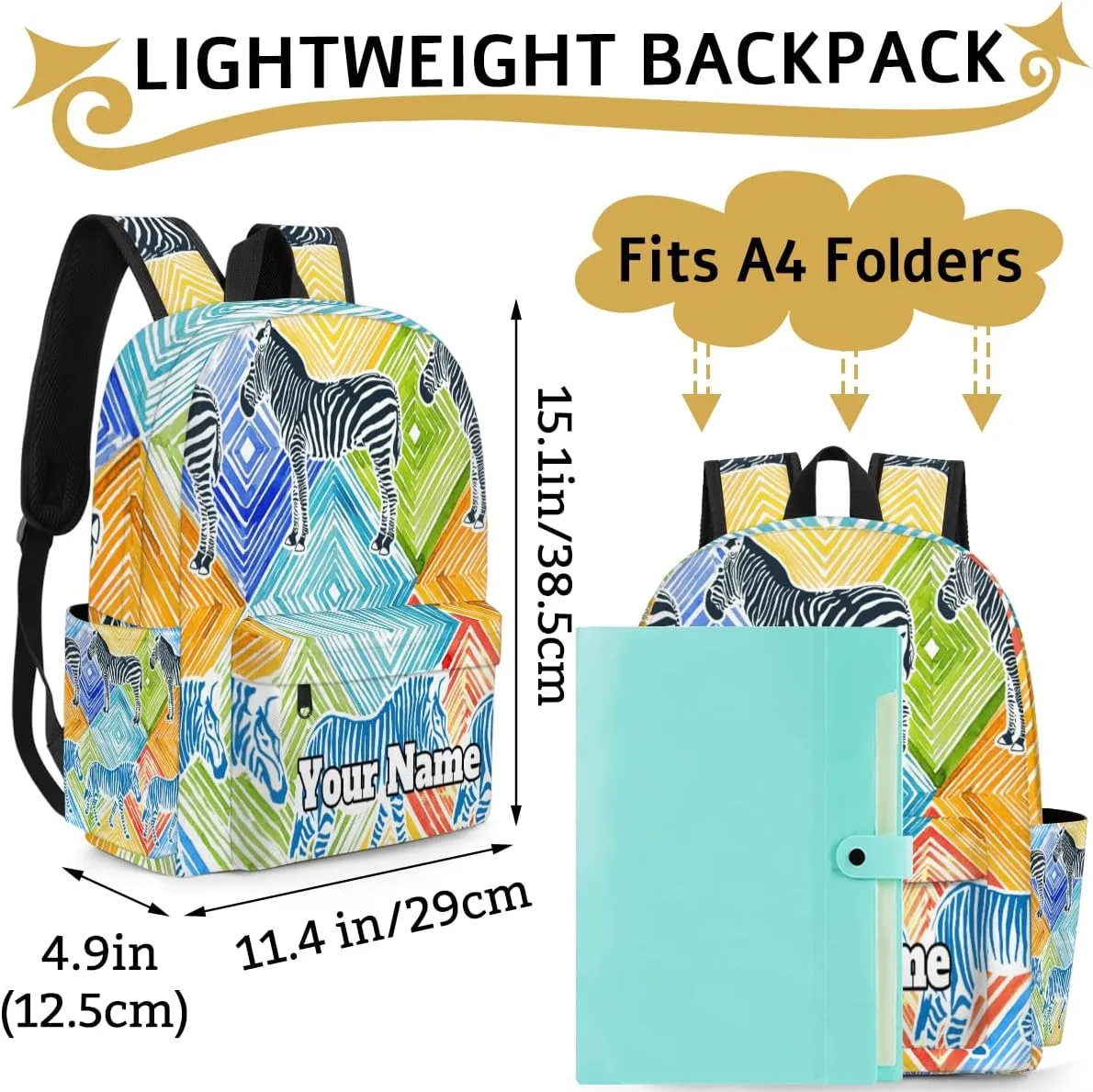Personalized Zebra Print Preschool Toddler Backpack for Boys Girls Custom Kids Name Small Bookbags Kindergarten Elementary Backpack, Colorful Animals