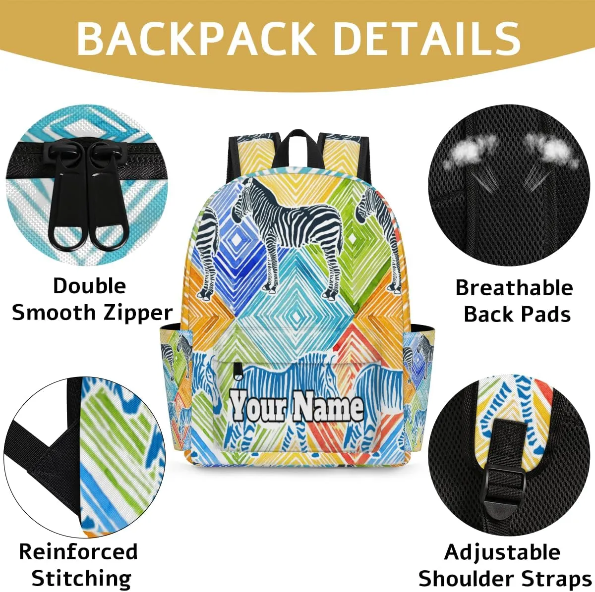 Personalized Zebra Print Preschool Toddler Backpack for Boys Girls Custom Kids Name Small Bookbags Kindergarten Elementary Backpack, Colorful Animals