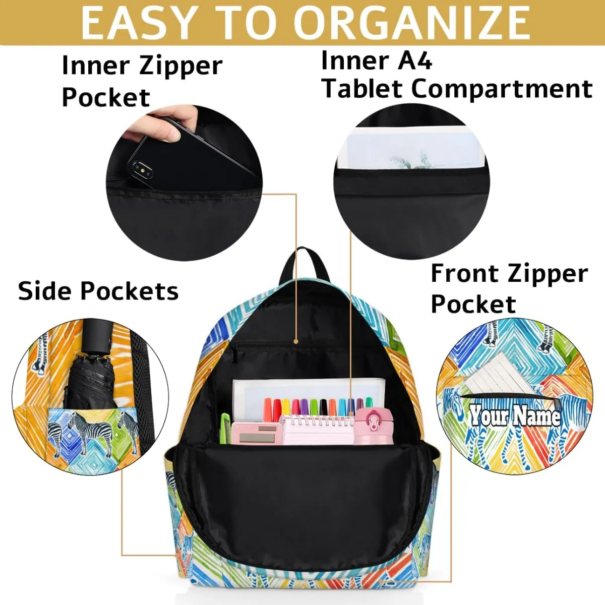 Personalized Zebra Print Preschool Toddler Backpack for Boys Girls Custom Kids Name Small Bookbags Kindergarten Elementary Backpack, Colorful Animals