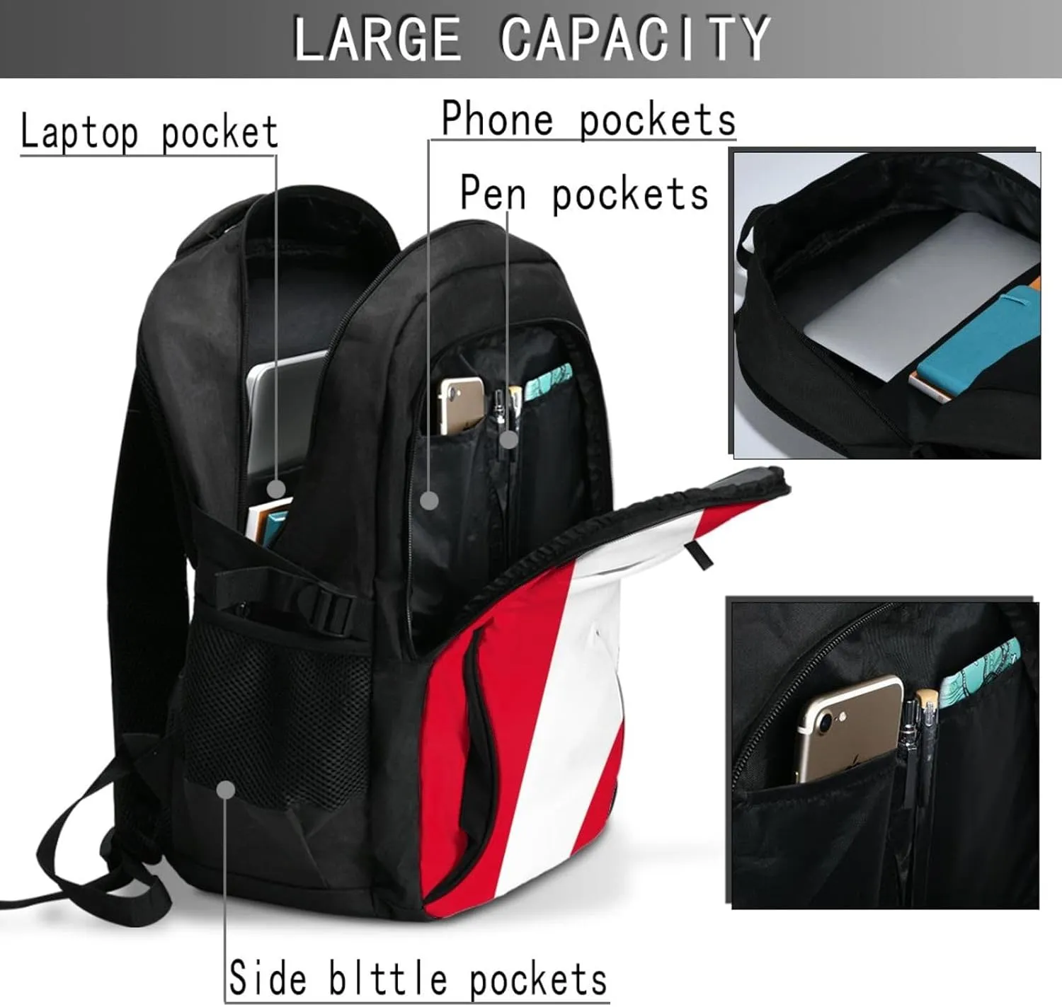 Peru Peruvian Flag Business Laptop Backpack Travel Backpacks Outdoor Rucksack Large Bag Daypack with USB Charging Port Multi-Pocket for Hiking Camping