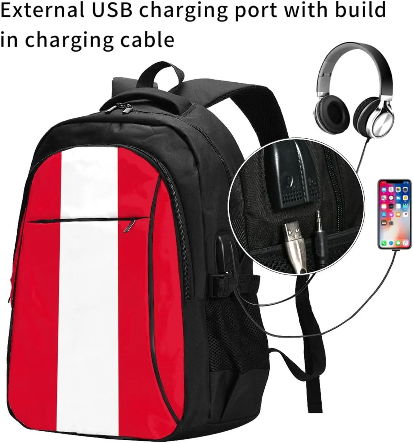 Peru Peruvian Flag Business Laptop Backpack Travel Backpacks Outdoor Rucksack Large Bag Daypack with USB Charging Port Multi-Pocket for Hiking Camping