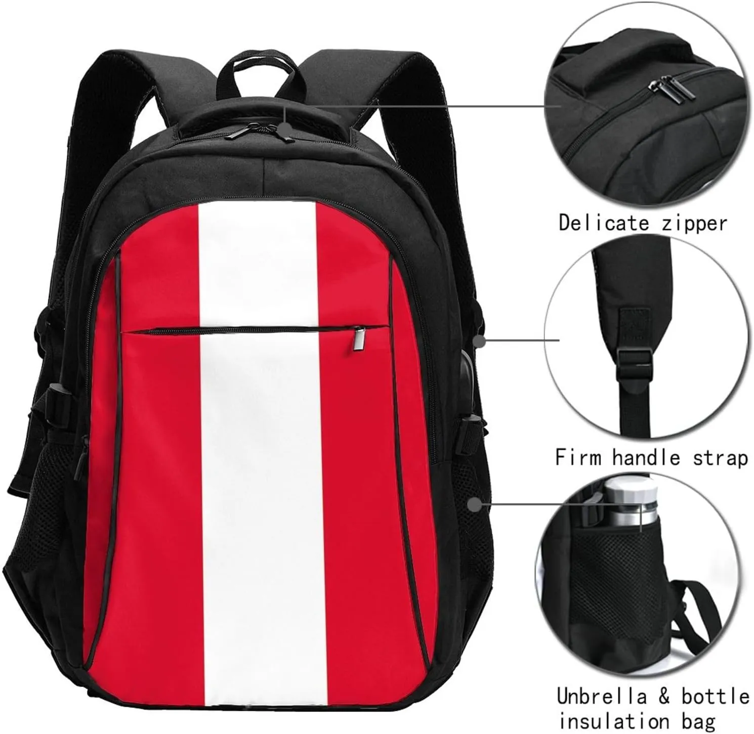 Peru Peruvian Flag Business Laptop Backpack Travel Backpacks Outdoor Rucksack Large Bag Daypack with USB Charging Port Multi-Pocket for Hiking Camping