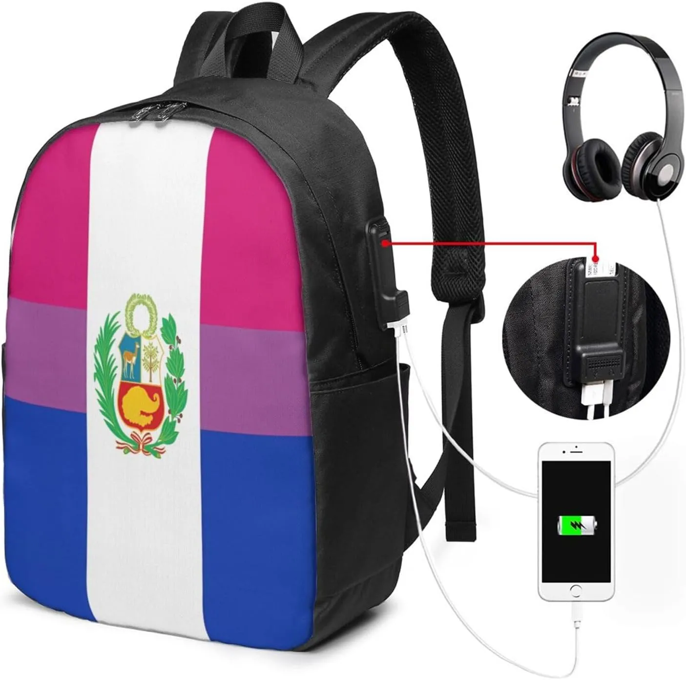 Peru Peruvian LGBT Rainbow Pride Flag Laptop Backpacks Travel Backpack Casual Business Daypack Sport Rucksack Computer Bag Fits up to 17 Inch Notebook with USB Port