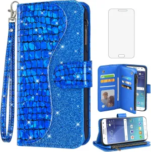 Phone Case for Samsung Galaxy J7 2015/J7 Neo/J7 Nxt/J7 Core/7J Duos Wallet Cover with Tempered Glass Screen Protector Bling Glitter Flip Zipper Card Holder Cell SM J700 J700P J700T J00T1 J700M Blue