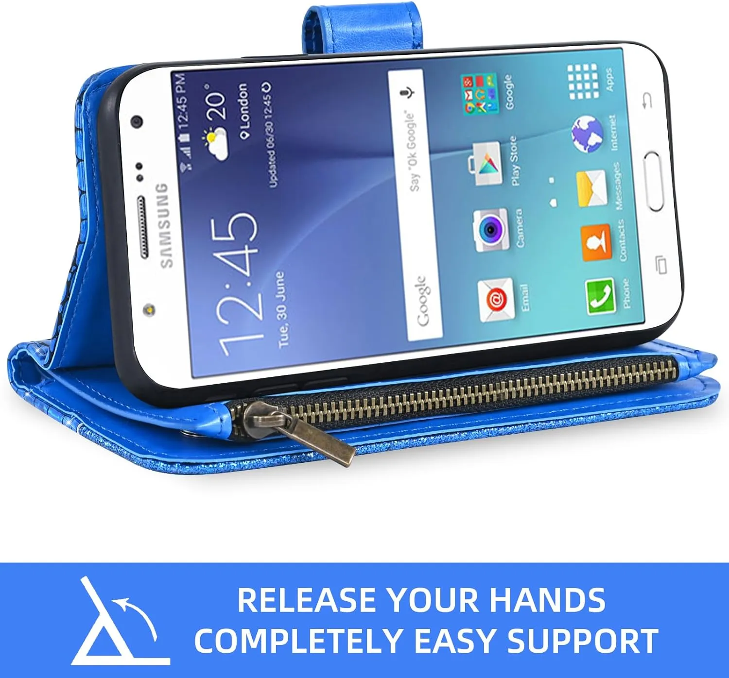 Phone Case for Samsung Galaxy J7 2015/J7 Neo/J7 Nxt/J7 Core/7J Duos Wallet Cover with Tempered Glass Screen Protector Bling Glitter Flip Zipper Card Holder Cell SM J700 J700P J700T J00T1 J700M Blue